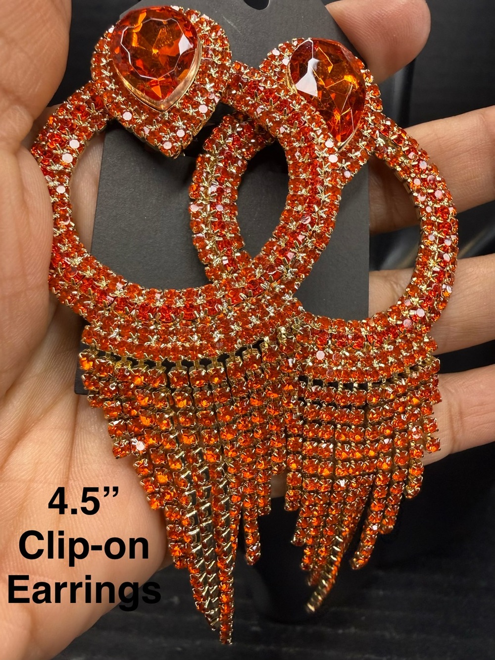 Dramatic Orange Crystal Clip-On Fringe Earrings